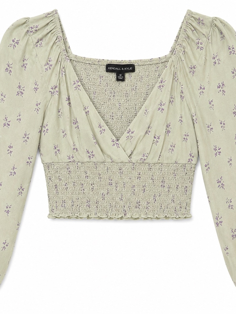 Kendall & Kylie Light Sage Floral Smocked Puff-Sleeve Crop Top